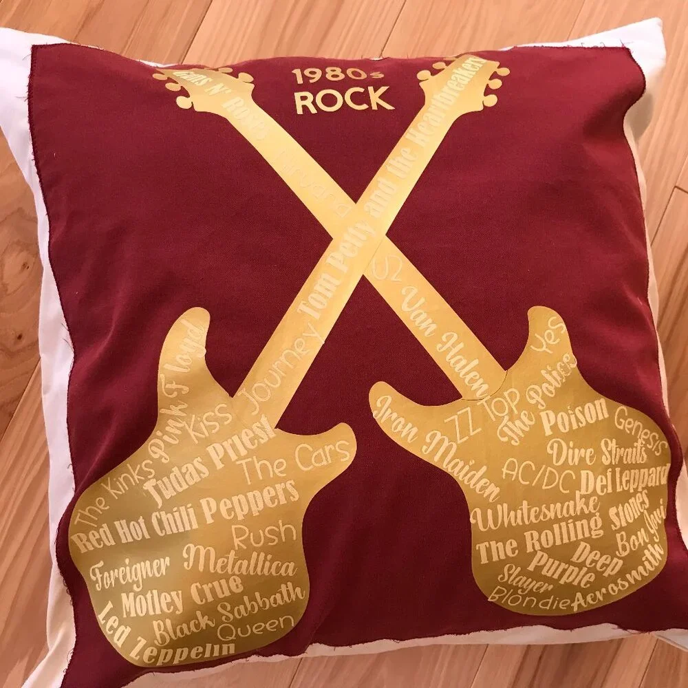 Handmade Pillow Cover, 1980s Rock Bands Guitars Music Room Decor 18 x 18 inches